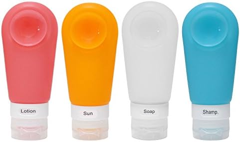 4 Pack Portable Silicone Travel Bottles Strong Suction Cup Leak Proof, with Facial Brush and Toothbrush Case Covers, FDA Certificated Pack P4