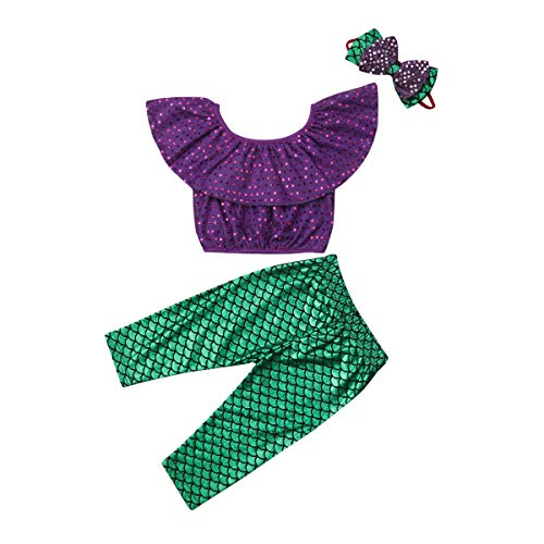 Toddler Baby Girls Mermaid Outfits Set Off Shoulder Ruffle Crop Tops Fish Long Leggings Pants with Headband 3-4T