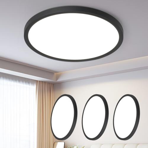 ZMH 3ER Deckenlampe LED Deckenleuchte Badezimmer - Ø30cm Badezimmerlampe Dimmbar Schwarz Rhombenplatte Badlampe Flach Rund Flurlampe 24W Küchenlampe S