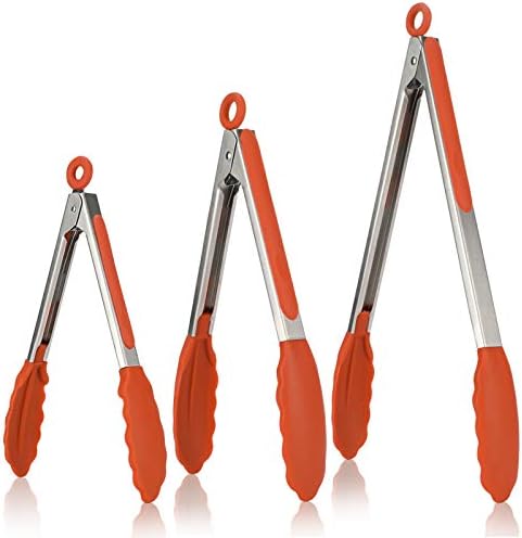Kitchen Tongs, U-Taste 7/9/12 inches Cooking Tongs, with 600ºF High Heat-Resistant Non-Stick Silicone Tips&18/8 Stainless Steel Handle, for Food Grill, Salad, BBQ, Frying, Serving, Pack of 3(Orange)