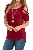 Adreamly Women's Casual Summer Short Sleeve Loose Strappy Cold Shoulder Tops Basic T Shirts Blouses Burgundy Small