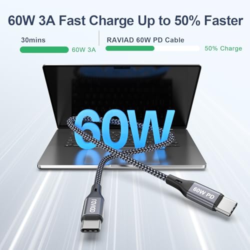 RAVIAD USB C to USB C Cable [2 Pieces 1M], 60 W USB C Charging Cable, PD 3.0 Fast Charging Cable USB C for iPhone 17 16 15 Pro Max, Samsung Galaxy S25/S24/S23/S22, MacBook Pro, Pad Pro/Air, Huawei - Grey