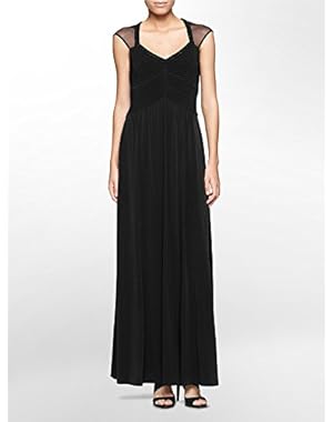 Calvin Klein Women's Beaded Illusion Pintucked Long Jersey Dress