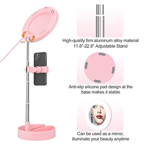 KINGOAL 6.3 inch Foldable Ring Light with Tripod Stand and Phone Holder, Portable Makeup Dimmable Ring Lights with Mirror, 3 Light Modes for Live Stream, Make-Up, YouTube, Tiktok (Pink)
