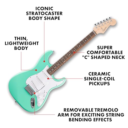 Guitarra eléctrica Fender Squier Debut Series Stratocaster, guitarra para principiantes, garantía de 2 años, incluye lecciones gratuitas, verde espuma de mar con acabado de uretano satinado
