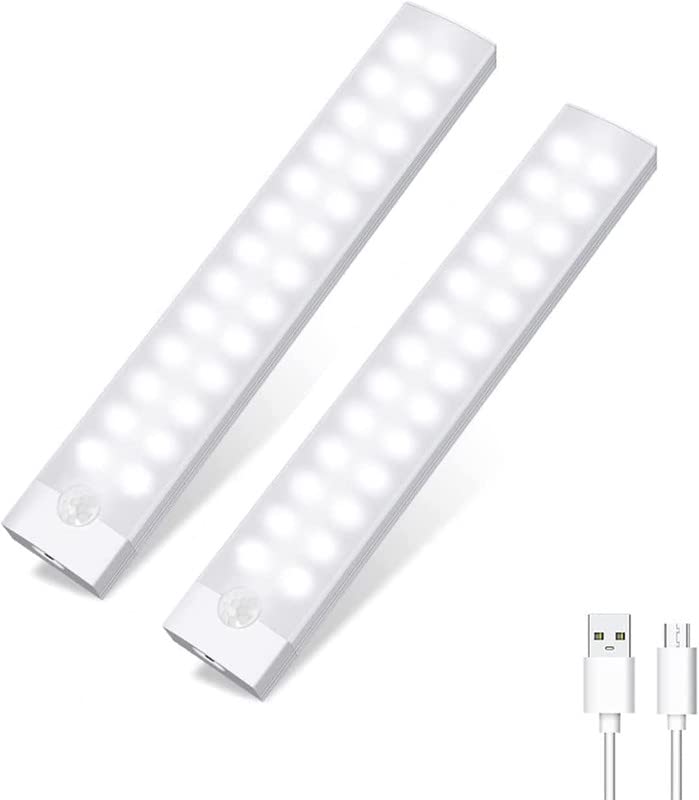 Rechargeable Motion Sensor Lights Indoor 2 Pack, Wireless Under Cabinet Light 26 LED Closet Lights Upgrade Adjustable Brightness/Memory Mode Night Lights for Wardrobe, Stairs Kitchen 20CM Cool White