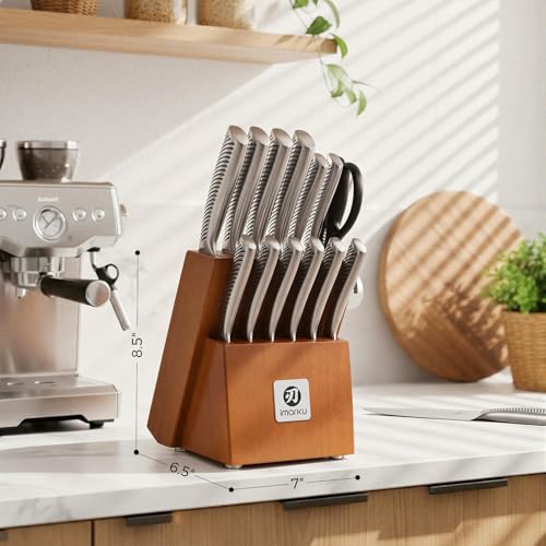 imarku 14-Piece Knife Set, Japanese Stainless Steel Knives Set for Kitchen, Full-Tang Gyutou Knife Sets with Block and Build-in Sharpener, Brown, Dishwasher Safe, House Warming Gifts for Men