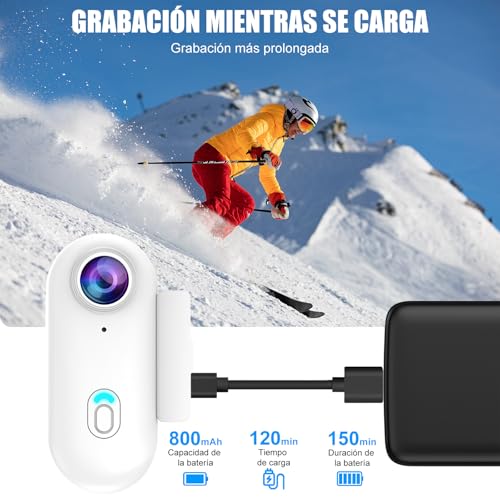 OBEST Cámara de Acción Inalámbrica Portátil 1080P, Cámara para Collar para Mascotas, Cámara Deportiva, Bodycam para Moto Gran Angular 120° para Deportes Al Aire, Blanco