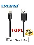 *Improved Version* FORDIGI® APPLE CERTIFIED Extra Long (10 Feet) USB Sync and Charging Lightning Cable for iPhone 5/5S/5C/6/6 Plus, iPad 4, iPad Air, iPad Mini (Apple Certified 10 Ft. Black)