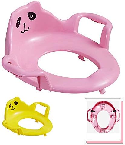 男の子と女の子のためのハンドル付きトイレトレーニングシート滑り止めスプラッシュガードと旅行用ポータブルお手入れが簡単ラウンド オーバルトイレ ピンクと黄色にフィット