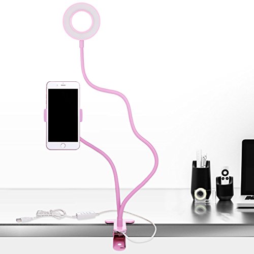 B-Land Cell Phone Holder with Selfie Ring Light for Live Stream, Flexible Mobile Phone Clip Holder Lazy Bracket Desk Lamp LED Light for Bedroom, Office, Kitchen, Bathroom (Pink)
