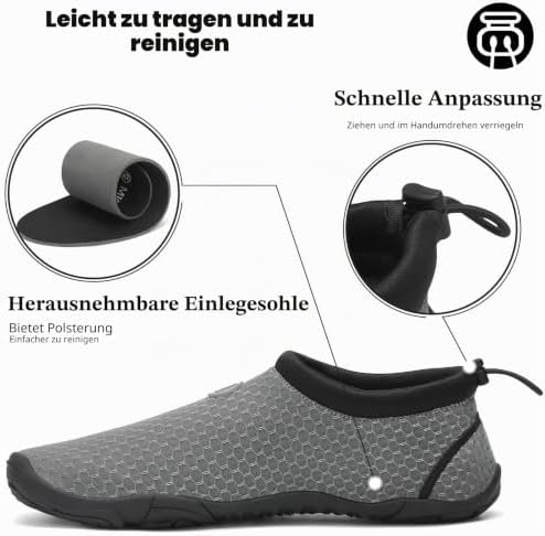 Herren Damen Badeschuhe Atmungsaktiv Schnell Trocknend Aquaschuhe Unisex Sommer Wasserschuhe für Outdoor Sports, Grau 42 EU