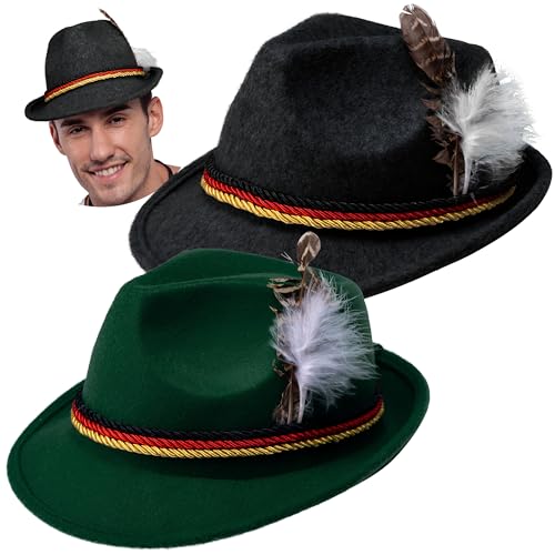 Spooktacular Creations Oktoberfest Hats, 2 PCS German Oktoberfest Costume Accessories Set, Green Black Felt Fedora Retro Hats for Adults Bavarian Alpine Halloween Dress Up, RolePlay Party