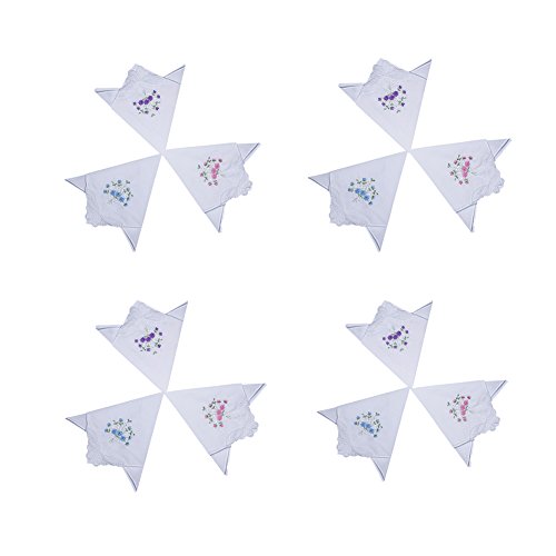 12 PCS Embroidery Butterfly Lace Hankies Cotton Floral Handkerchiefs Bulk for Women by Star Heaven (Style A) - Thumbnail 2