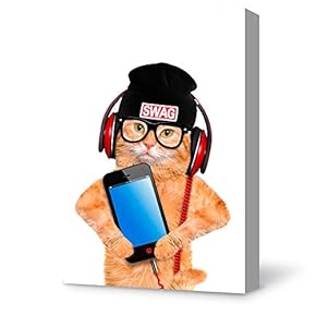 Canvas Wall Art Orange Cat with Earphone Modern Home Decor Canvas Painting Wall Decoration for Bedroom Living Room - 12x18 inches