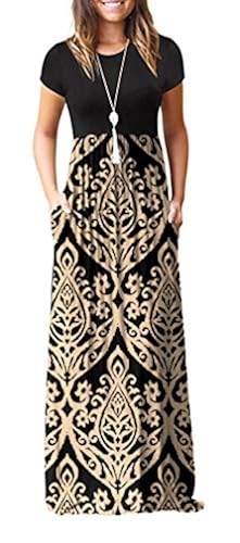 GRECERELLE Women's Short Sleeve Floral Print Loose Plain Maxi Dresses  Casual Long Dresses with Pockets FP-Khaki Large in Oman Whizz