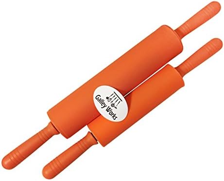 Two Orange Rolling Pins with Silicone Surfaces - Set of Matching Large and Small Pins, Easy Clean - Great for Learning, Teaching or Daily Use - 11 inch and 7.5 inch lengths - By GalleyWorks