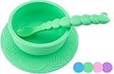 OBB Silicone Baby Bowl with Suction Cup Base and Animal Print | Includes Caterpillar Spoon (Green)