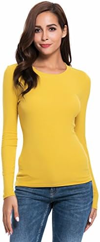 Women Basic Long Sleeve Crew Neck/Scoop Neck Solid Rayon Slim Fit Stretchy Layer T Shirts Tops