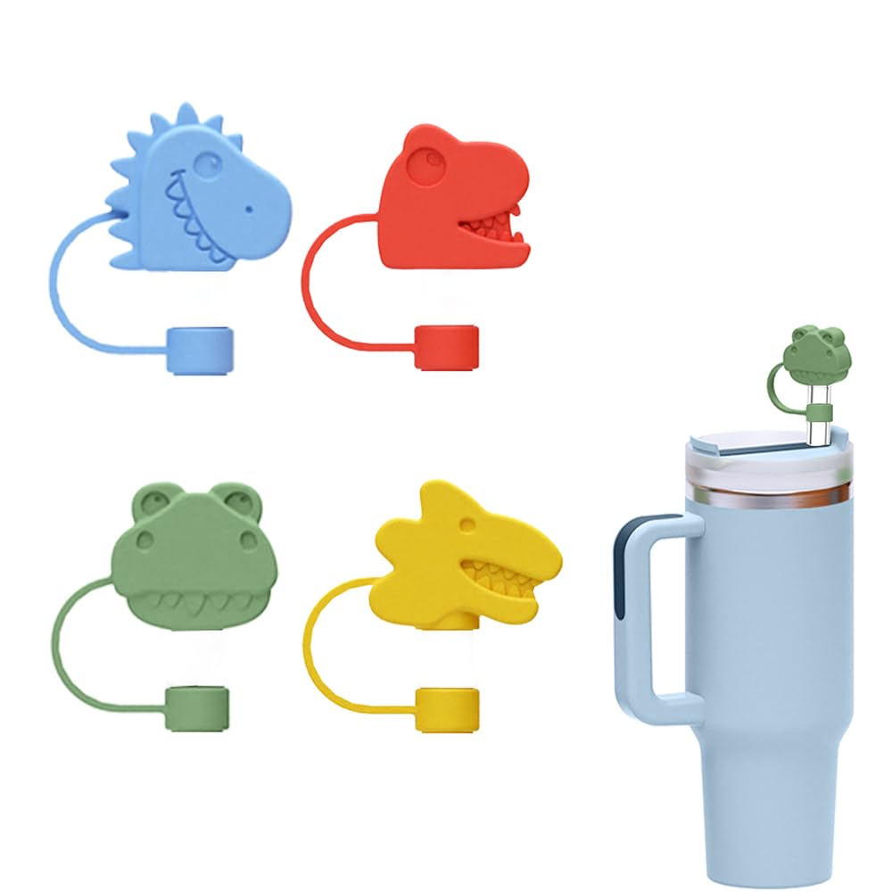 Photo 1 of 4Pcs Dinosaur Silicone Straw Covers for 10mm Tumblers?FDA Food Grade Dust Proof Caps, Reusable Proof Toppers with T-Rex & Stegosaurus Designs (Blue/Yellow/Red/Green)