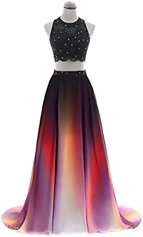 The Peachess Women's Two Piece Gradient Chiffon Long Prom Dress Ombre Beads Evening Dresses