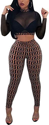 Womens Mesh See Through Club Party Bodycon Jumpsuit Rompers Sexy 2 Piece Outfits Pants Set and Crop Top