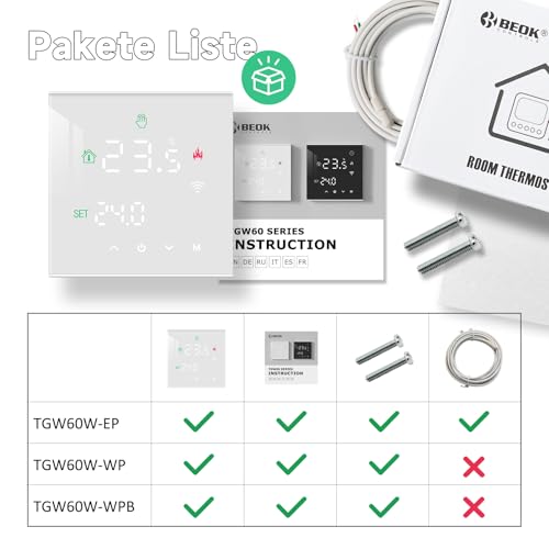 Beok Thermostat Underfloor Heating Smart, WiFi Room Thermostat for Water Underfloor Heating Thermostats Heating Digital LCD Programmable Compatible with Alexa, Google Home 3A 230V TGW60W-WIFI-WP White