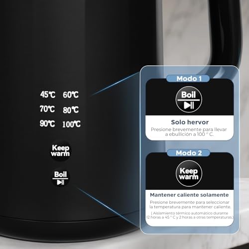 Hervidor de agua eléctrico, 1800 W-2200 W, 1,7 L, 45 °C ~ 100 °C, hervidor de agua con 6 regulaciones de temperatura, apagado automático y función de mantenimiento en caliente, acero inoxidable