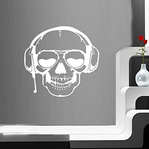 BIBITIME White 22x24 inch Wearing Headphones Skull Wall Sticker Halloween Vinyl Decal for Shop Showcase Living Room Background Decorations PVC Art Mural