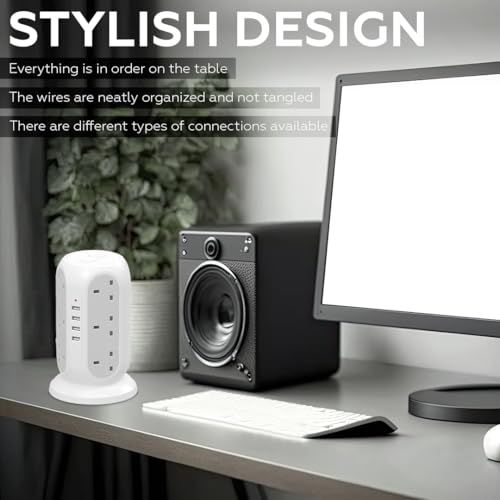 AMROAH 4000W 2m Cord Extension Tower Strip 12 Outlets 4 USB A 1 Type C 2 Switch, Surge Protector Multi Extension Tower Lead Multiplug Socket, Extension Cord with Multiple Plug for Home Office (White)
