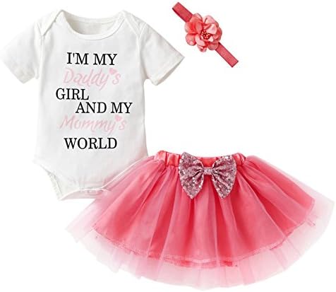 Tomfree Baby Daddy Girls Mommy World Funny Saying Bodysuits Skirt Headband 3pcs Outfits (White, 0-6M)