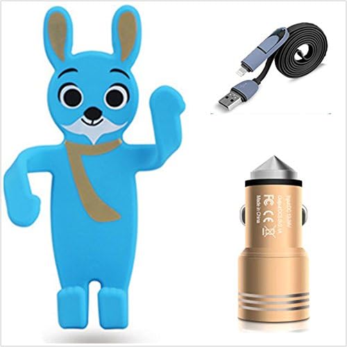 JINGRAN Super 3 In 1-Silicone Bendable Car Air Vent Phone Holder And 2 USB Ports Safety Hammer Car Charger And Lightning-Micro Connectors Cellphone Cable (Blue Rabbit)