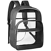 KIMNERPU Clear Backpack, Heavy Duty Transparent Bookbag for School, Fabric & PVC Transparent Backpack with Reinforced Strap for Women Men, Capacity Clear Bag for College, Medium Black