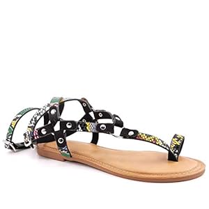 Angkorly - Zapatillas Moda Chanclas Sandalias Glam Rock Rock Chic Plano Mujer Efecto Piel de Serpiente pitón Tachonado…