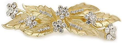 Bright Gold Tone Matt Diamante Leaves & Flowers Barrette Hair Clip Grip - 95mm Across, white / ivory, gold - Image 5