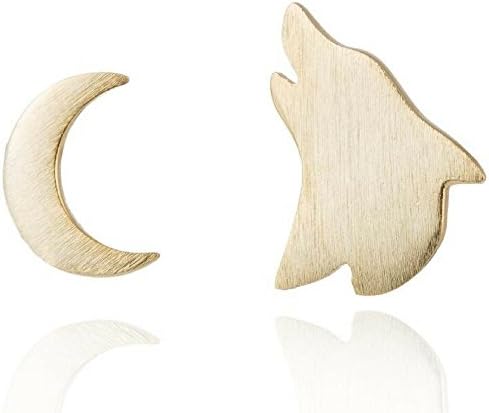 Wolf Earrings: Gold Stud Wolf and Moon Earring Set, Unique Accessories for Women