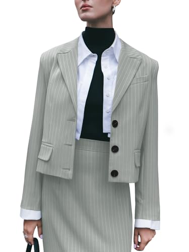 CICY BELL WOMENS CROPPED STRIPED BLAZER CASUAL LONG SLEEVE LAPEL BUTTON DOWN WORK BLAZER JACKETS GREY