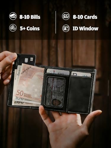 Men's RFID Blocking Anti-Theft Pop Up Wallet, Genuine Leather Slim Bifold Card Holder, Magnetic Closure, YKK Coin Pocket, ID Window, Holds 8-10 Cards or Bills, 5+ Coins (Black Grey Silver)