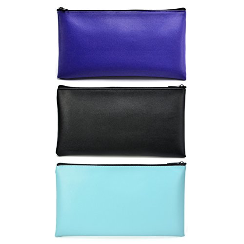Leatherette Security Bank Deposit Bag/Utility Zipper, Coin Bag/Check Pouch, 11 x 6 inches Money Bag, 3 Pack(Blue Black Aquamarine)