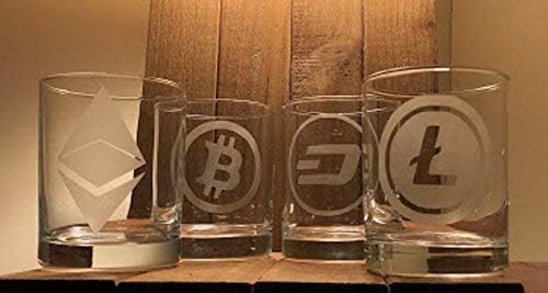 Cryptocurrency Rocks Glass Set of 4 - Bitcoin - Ethereum - Litecoin - Dash - blockchain -Crypto Digital Currency