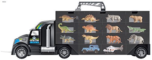 Memtes Dinosaur and Wild Life Animal Safari Car Carrier Transport Truck Toy (Includes 6 Dinosaurs 6 Animal, Jeep and Helicopter)