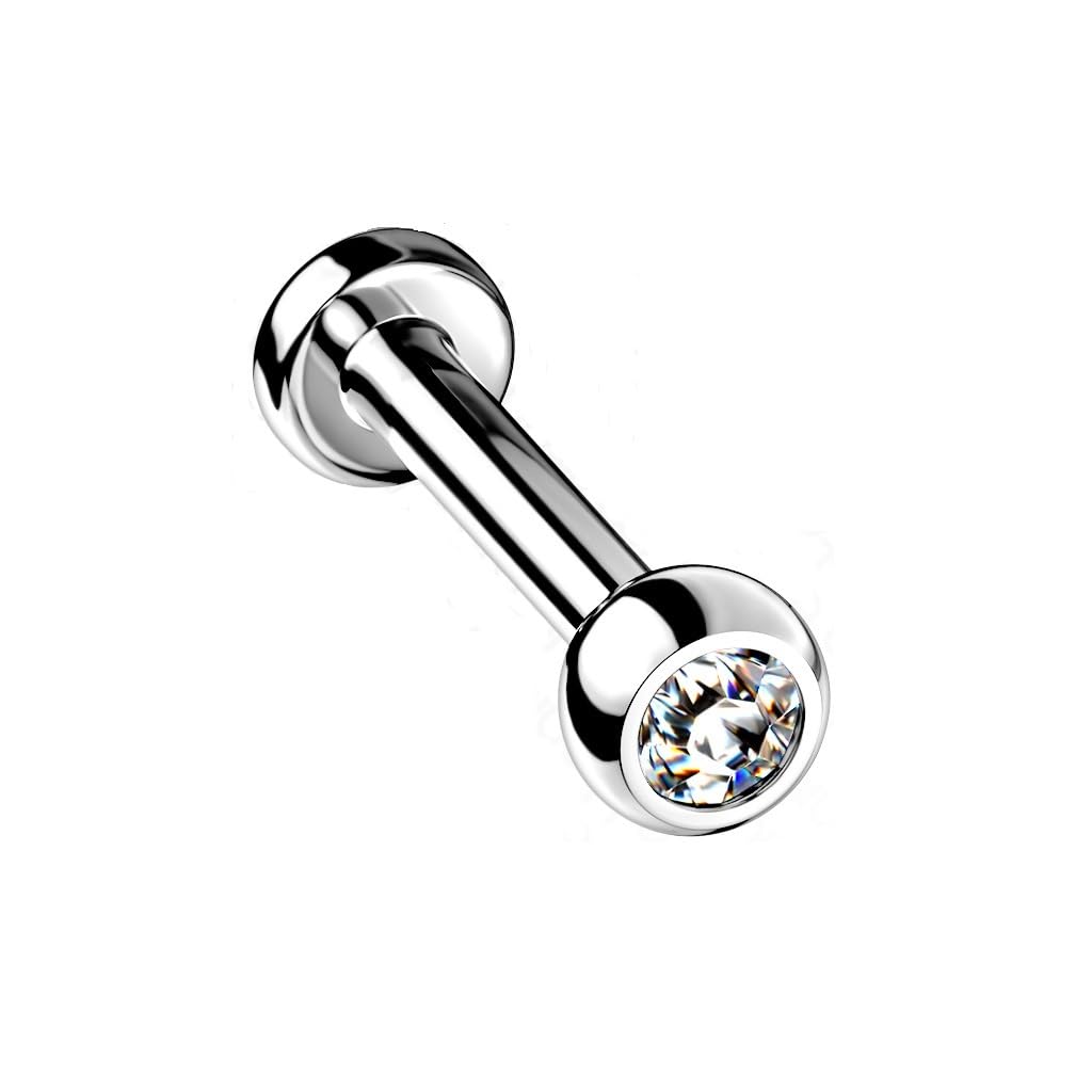 PiercedOff Titanium Labret with Internally Threaded Clear CZ Gem Ball - Thickness 18GA (1mm) / Length 8mm / Ball Size 2mm