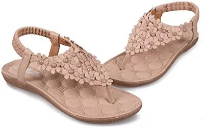 Women Bohemia Sling Sandals Flower Beads Yoga Flip Flop Flats Slingback Thong Shoes (Full Floral Beige, 10US/41EU)