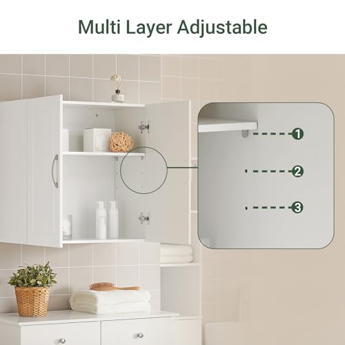 SoBuy Wall Mounted Cabinet White Bathroom Wall Cabinet with Double Doors and Adjustable Shelf, Storage Cupboard Hanging Kitchen Pantry Organizer Over the Toilet, 60x30x60cm, FRG231-W