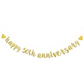XIAOLUOLY Gold Glitter,Pre-Strung,Party Decorations Bunting Sign Backdrops,Happy 50th Anniversary