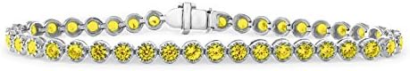 14K White Gold 4.10 Carat (ctw) Natural Real Round Cut Yellow Sapphire Tennis Bracelet For Women 7 Inches