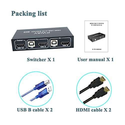 AAO 2X1 KVM Switch HDMI 4K 2 Port USB KVM Switch Box Supports Auto-scan, Hot-Key Switch for Netware, Dos, Linux, Unix and Windows 4K@30Hz with 2 Pcs 5ft USB Cables and HDMI Cables