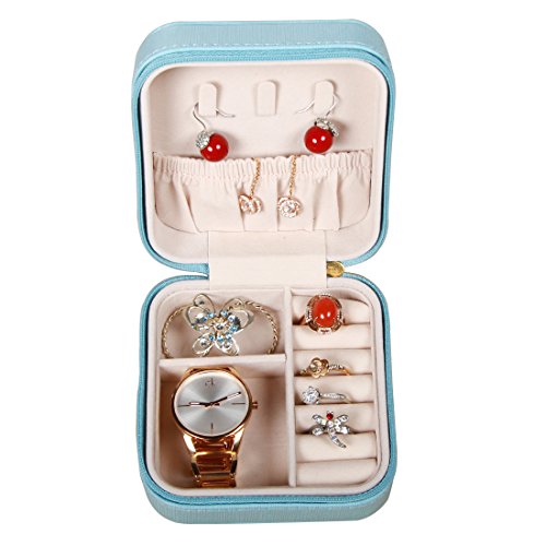 PUSU Small Portable PU Leather Jewelry Box Display Organizer Travel Storage Case for Rings Earrings Necklace (Blue)