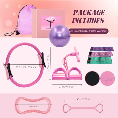 10 Pcs Pilates Kit Essentials Workout Set with 13" Circle Yoga Ring, 10" Ball, Figure-8 Band, Stretch Strap, Arm Trainer and Resistance Bands for Women at Home Pilates Equipment
