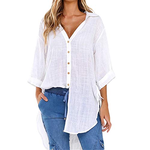 Button Up Shirts for Women Casual Loose Long Ladies Tops and Blouses White